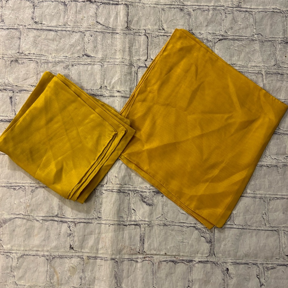 LOT OF (2) MUSTARD GOLD YELLOW HAND ROLLED VINTAGE SILK BLEND SQUARE SCARVES